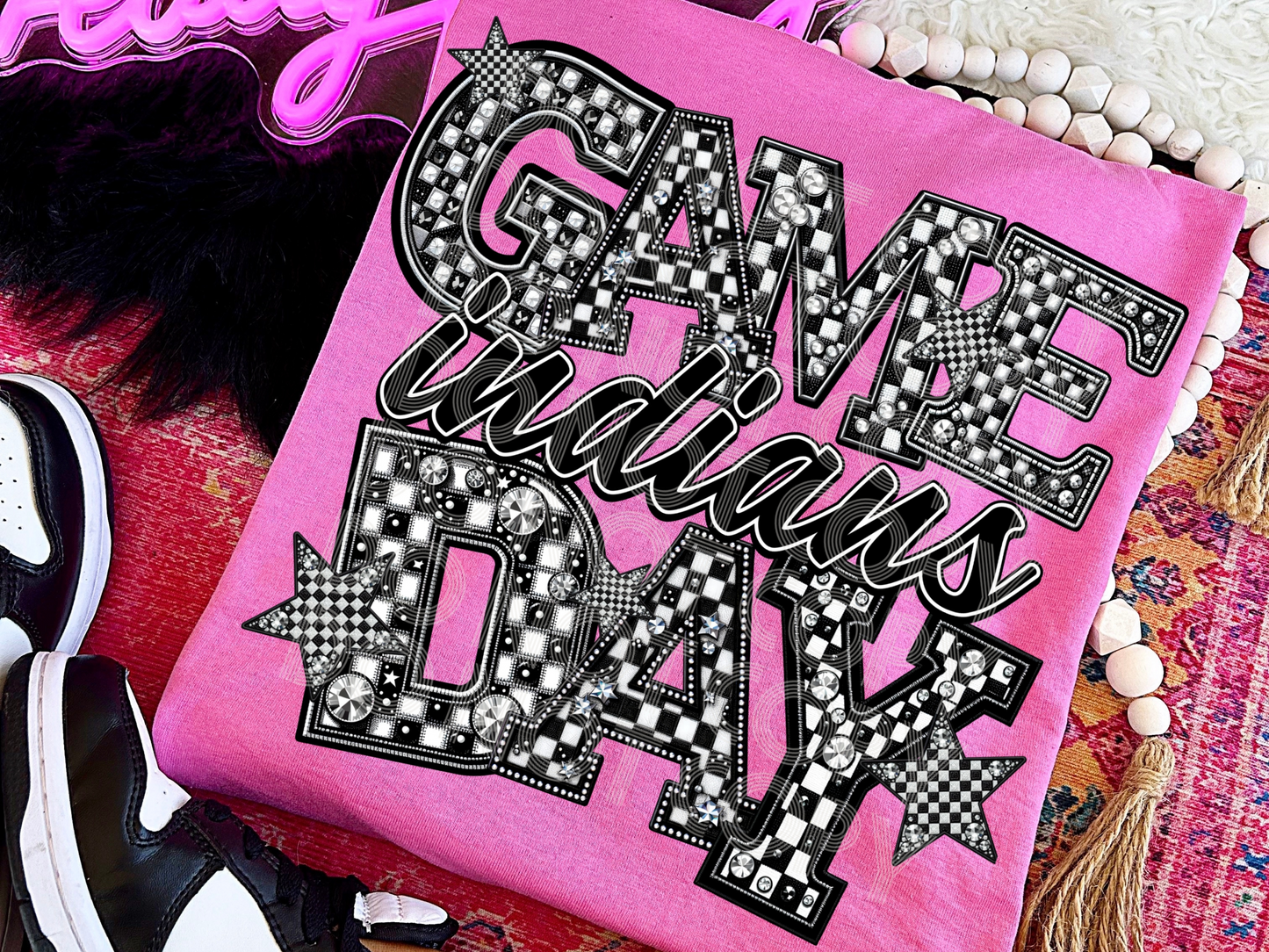 Black And White Checkered Game Day Indians Faux Embroidery Game Day DTF Transfers - PHD1170