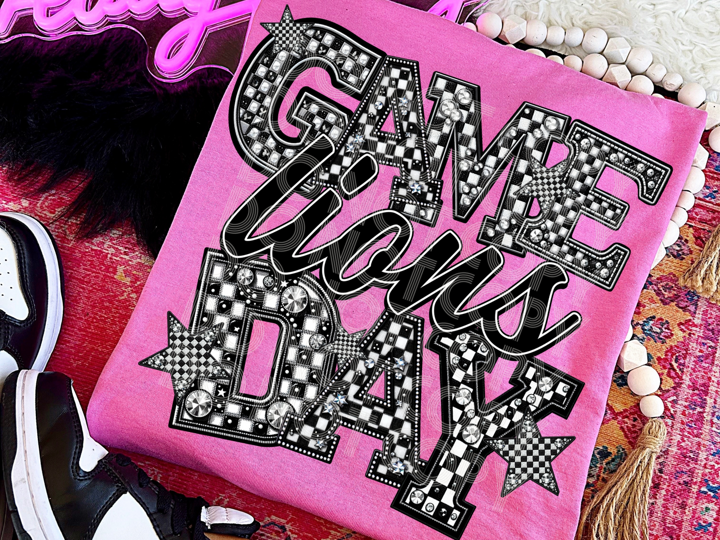 Black And White Checkered Game Day Lions Faux Embroidery Game Day DTF Transfers - PHD1171