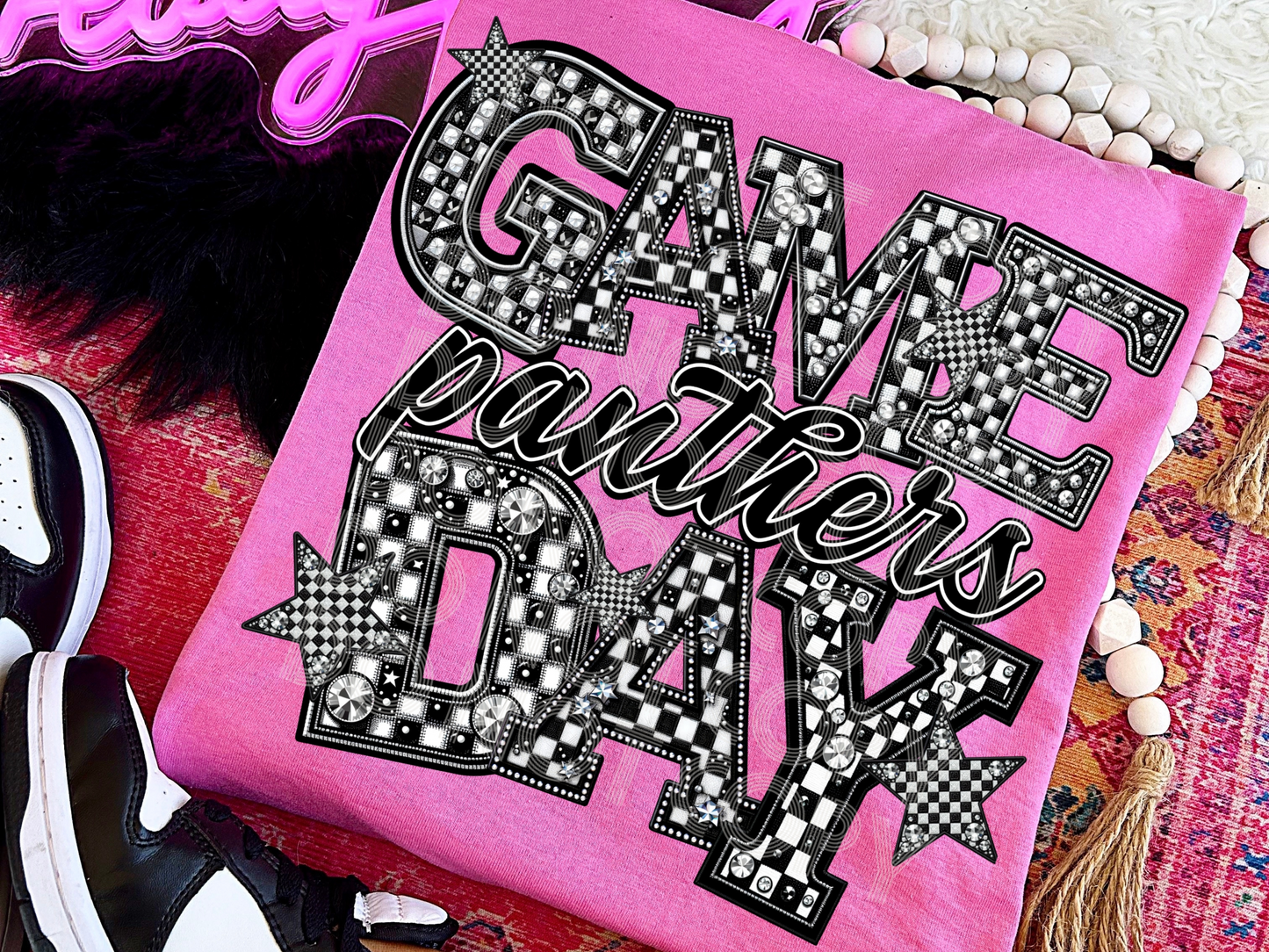 Black And White Checkered Game Day Panthers Faux Embroidery Game Day DTF Transfers - PHD1172