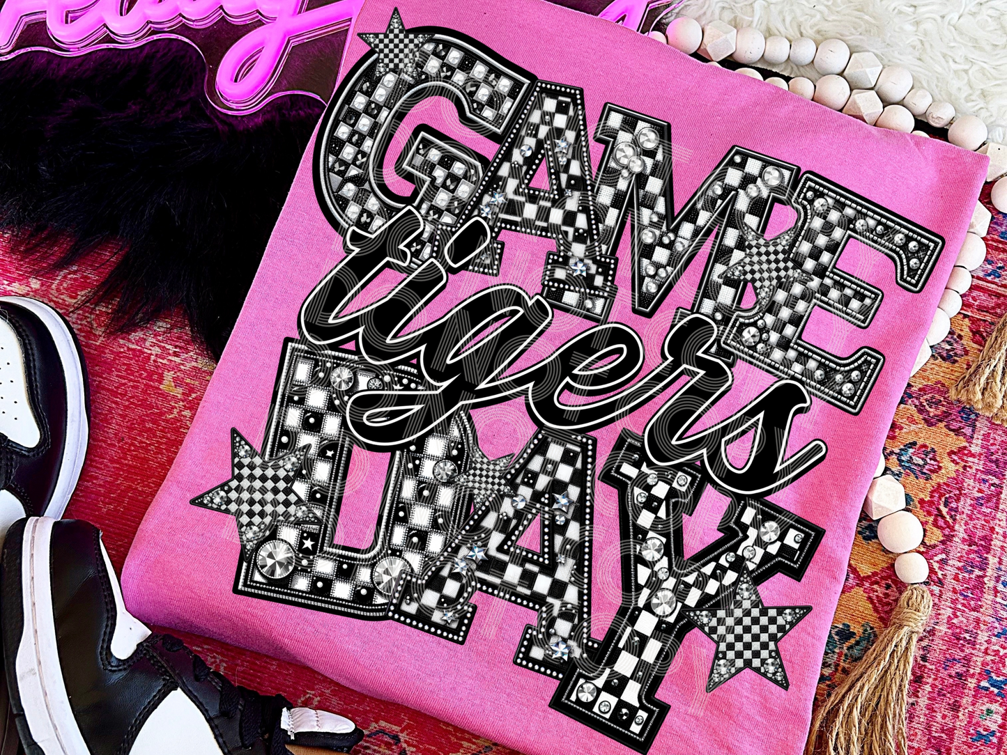 Black And White Checkered Game Day Tigers Faux Embroidery Game Day DTF Transfers - PHD1174