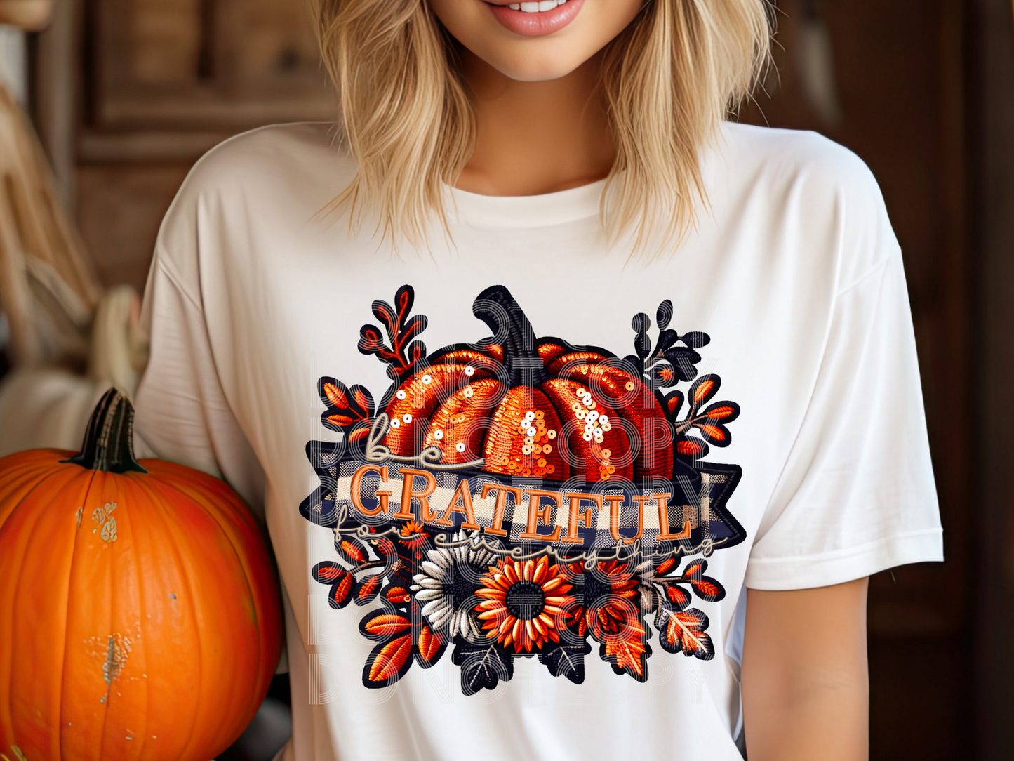 Pumpkin Grateful Faux Sequin Embroidery Fall DTF Transfers - PHD1194