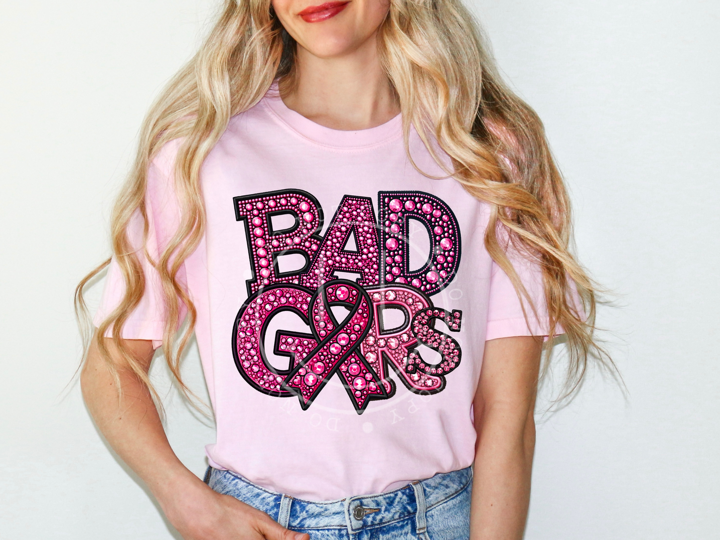 Badgers Faux Embroidery Pink Rhinestone Breast Cancer School Mascot DTF Transfer - PHD1213