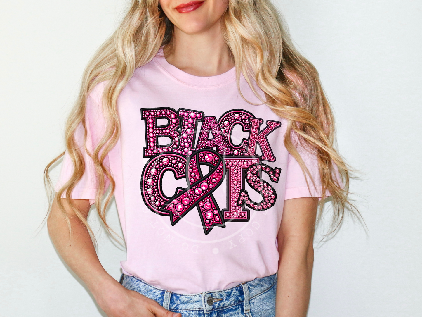 Black Cats Faux Embroidery Pink Rhinestone Breast Cancer School Mascot DTF Transfer - PHD1215