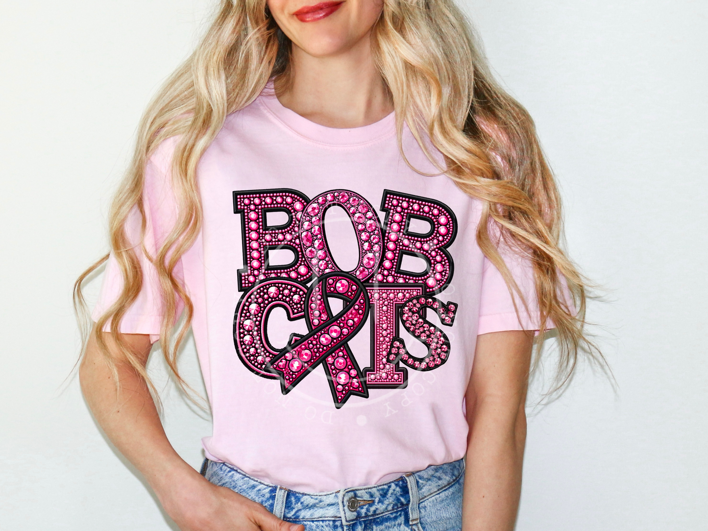 Bob Cats Faux Embroidery Pink Rhinestone Breast Cancer School Mascot DTF Transfer - PHD1218