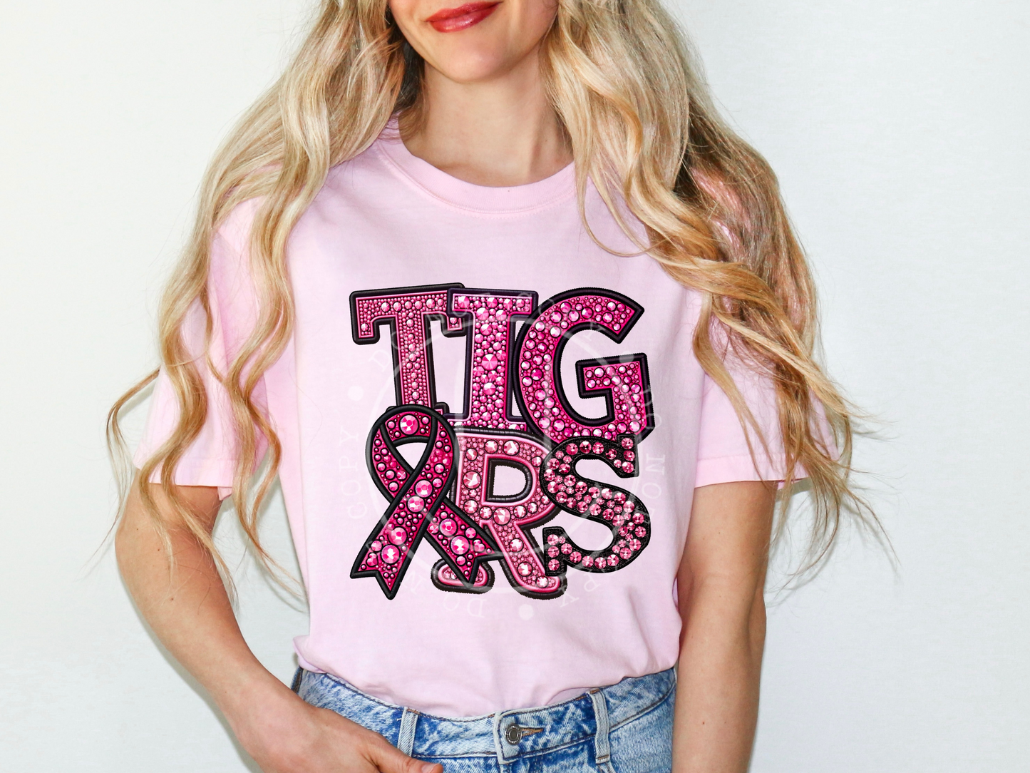 Tigers Faux Embroidery Pink Rhinestone Breast Cancer School Mascot DTF Transfer - PHD1220