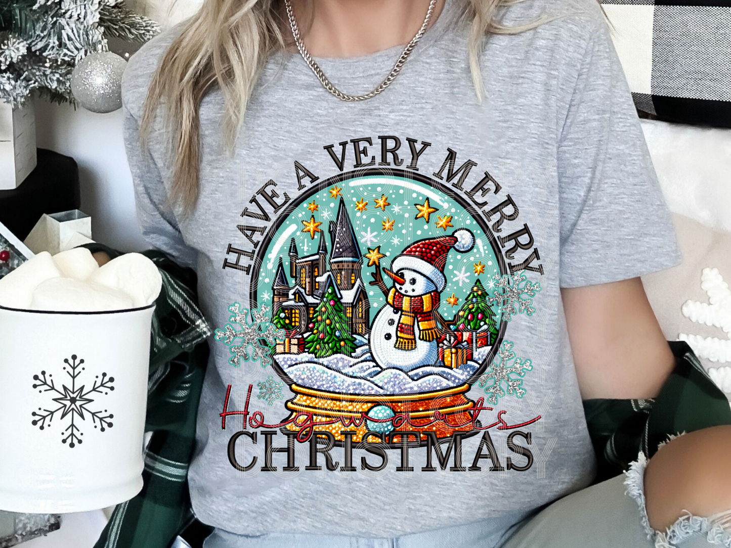 Have A Very Merry Hogwarts Christmas Snow Globe Faux Embroidery Christmas DTF Transfers - PHD1278