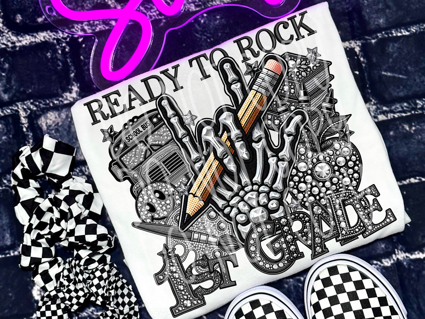 Ready To Rock 1st Grade Rhinestone School DTF Transfer - TED1457