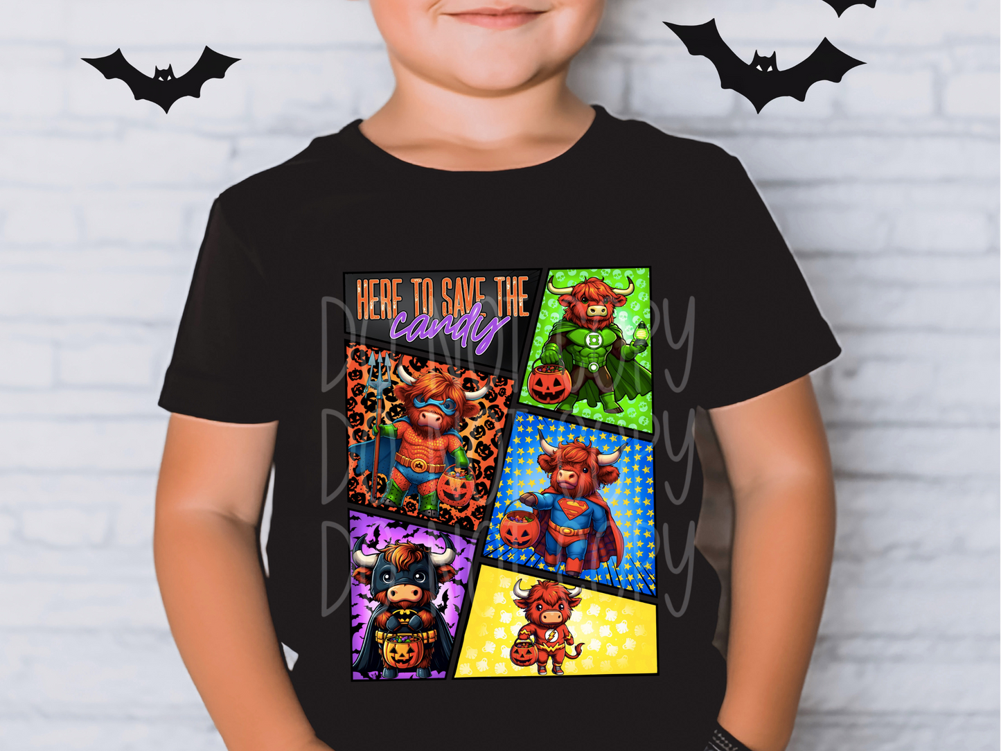 Here To Save The Candy Highland Cow Superheros Halloween DTF Transfer - TED1741