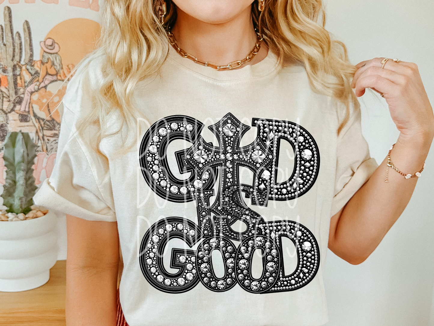 God Is Good Cross Rhinestone Faith DTF Transfers - TED1766