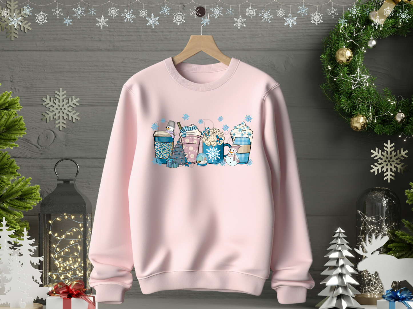 Blue Snowman Coffee Pink Christmas Sweatshirt