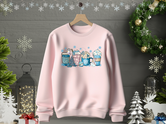 Blue Snowman Coffee Pink Christmas Sweatshirt