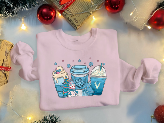 Blue Snowman Drinks Pink Christmas Sweatshirt