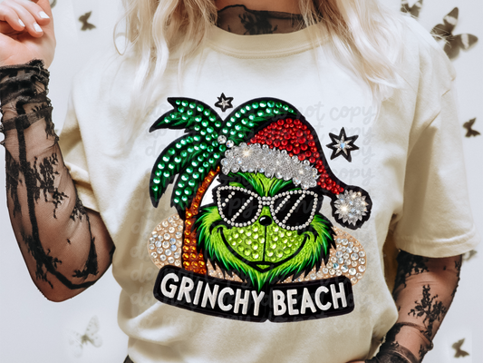 Green Christmas Guy Grinchy Beach Rhinestone Christmas DTF Transfers - CST1002