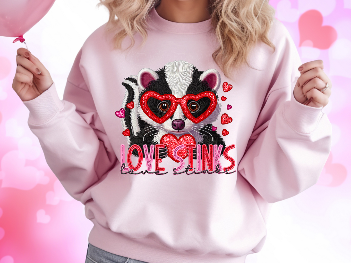 Cute Skunk Love Stinks Faux Sequin Valentine's Day Sweatshirt