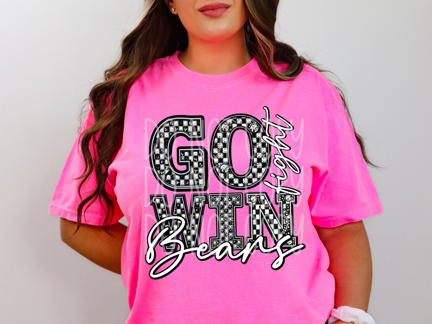 Bear Go Fight Win Checkered Rhinestone School Spirit Mascot DTF Transfer - PHD1054