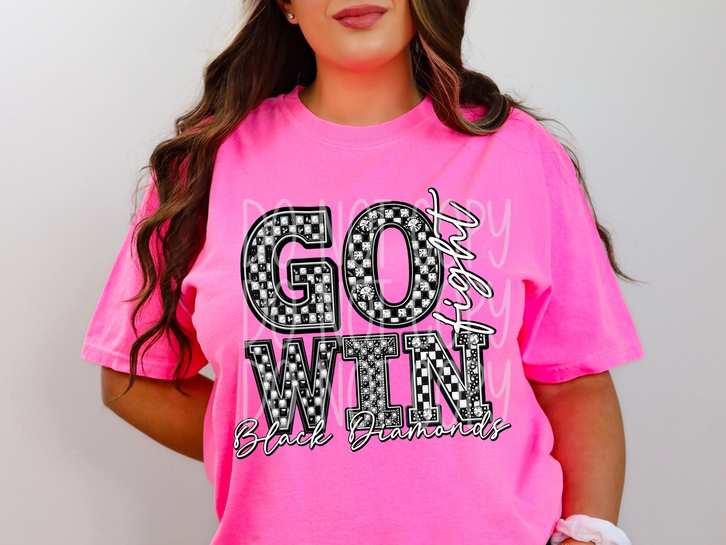 Black Diamonds Go Fight Win Checkered Rhinestone School Spirit Mascot DTF Transfer - PHD1056