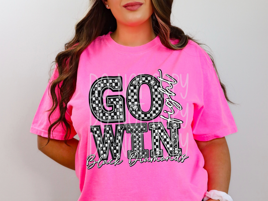 Black Diamonds Go Fight Win Checkered Rhinestone School Spirit Mascot DTF Transfer - PHD1056