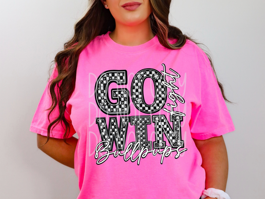 Bullpups Go Fight Win Checkered Rhinestone School Spirit Mascot DTF Transfer - PHD1060