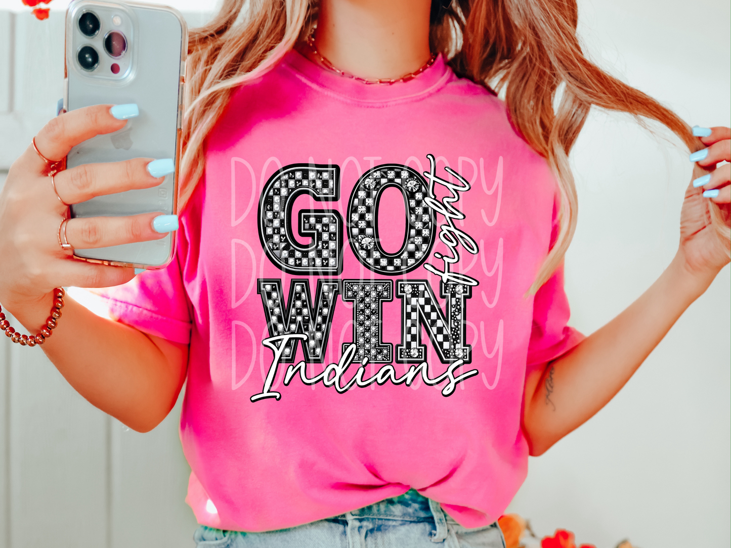 Indians Go Fight Win Checkered Rhinestone School Spirit Mascot DTF Transfer - PHD1068