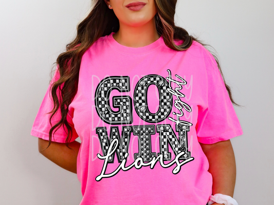 Lions Go Fight Win Checkered Rhinestone School Spirit Mascot DTF Transfer - PHD1069