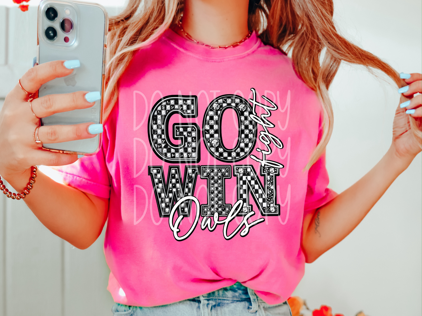 Owls Go Fight Win Checkered Rhinestone School Spirit Mascot DTF Transfer - PHD1073