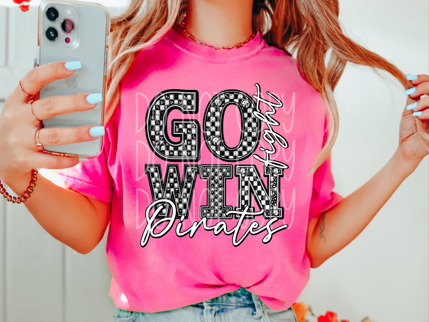 Pirates Go Fight Win Checkered Rhinestone School Spirit Mascot DTF Transfer - PHD1075