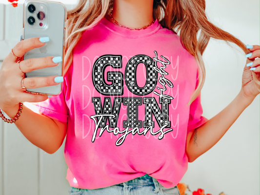 Trojans Go Fight Win Checkered Rhinestone School Spirit Mascot DTF Transfer - PHD1082