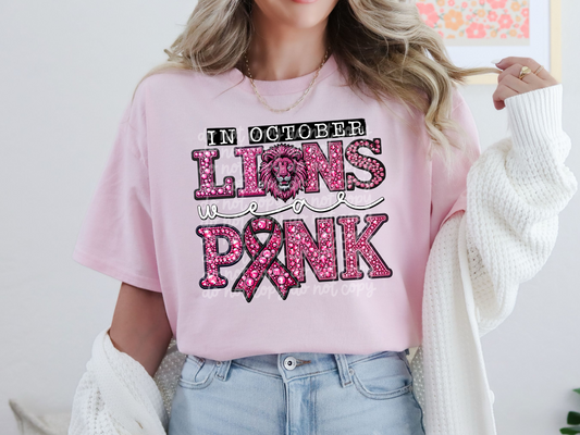 In October Lions Wear Pink Faux Embroidery Rhinestone Breast Cancer School Mascot DTF Transfer - PHD1106