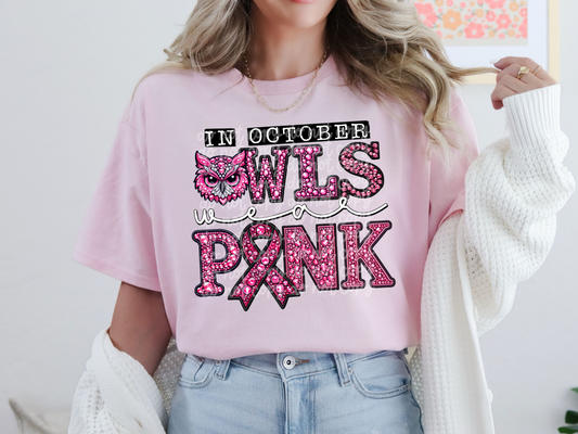 In October Owls Wear Pink Faux Embroidery Rhinestone Breast Cancer School Mascot DTF Transfer - PHD1120