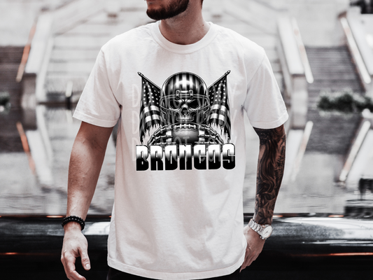 Broncos US Flag Skull Football School Mascot DTF Transfer - PHD1126