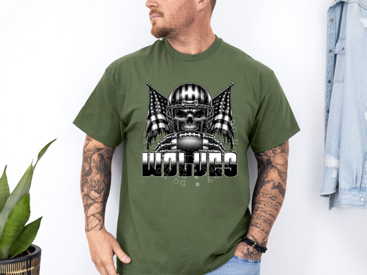 Wolves US Flag Skull Football School Mascot DTF Transfer - PHD1159