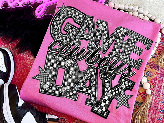 Black And White Checkered Game Day Cowboys Faux Embroidery Game Day DTF Transfers - PHD1167