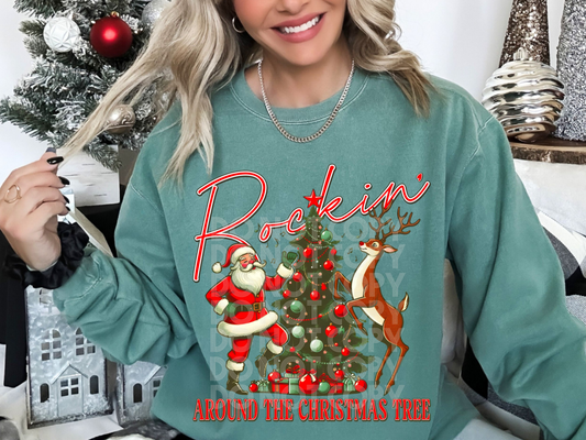 Rockin' Around The Christma Tree Santa And Reindeer Christmas DTF Transfers - PHD1208